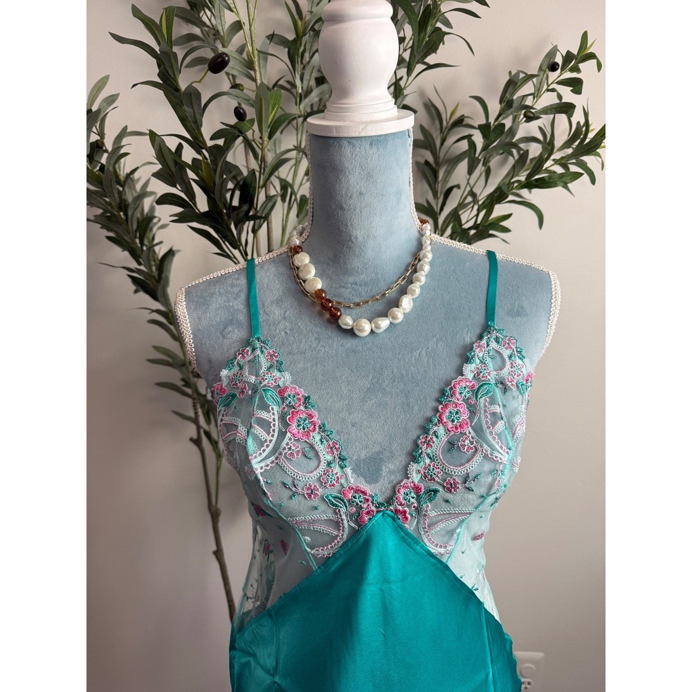Cosabella Teal 100% Silk Delicate Floral Embroidered Mesh Chemise Nightgown M - Picture 10 of 13
